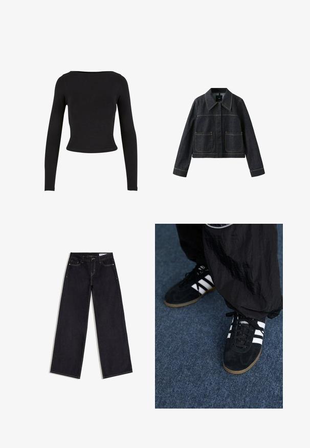 Tmavomodrá rifľová bunda so širokým golierom, dvoma náprsnými vreckami, dlhými rukávmi a viditeľným kontrastným prešitím.; Čierny crop top s dlhým rukávom vyrobený z mäkkého a elastického materiálu s jednoduchým, priliehavým strihom a širokým výstrihom. Bez vzorov alebo ozdôb.; Tmavomodré džínsy s širokými nohavicami, prednými vreckami, pútkami na opasok a kontrastným prešitím, položené na bielom pozadí.; Čierne roháčiky z semišu so tromi bielymi pruhmi a čiernymi šnúrkami. Texturované čierne nohavice sú čiastočne viditeľné vedľa topánok.