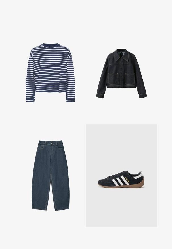 Mørk denimjakke med bred krave, to forlommer, lange ærmer og synlige kontrastsømme.; Marineblå langærmet top med hvide vandrette striber, rund halsudskærkning og cropped kant. Stoffet ser blødt ud med en tekstureret finish.; Mørkeblå denim buede bukser med høj talje, som har fem lommer og synlige stingdetaljer. Ren, minimalistik design.; Sort ruskindssneaker med tre hvide striber, gummisål og et lille gyldent logo på siden. Har en glat sort foring indvendigt.
