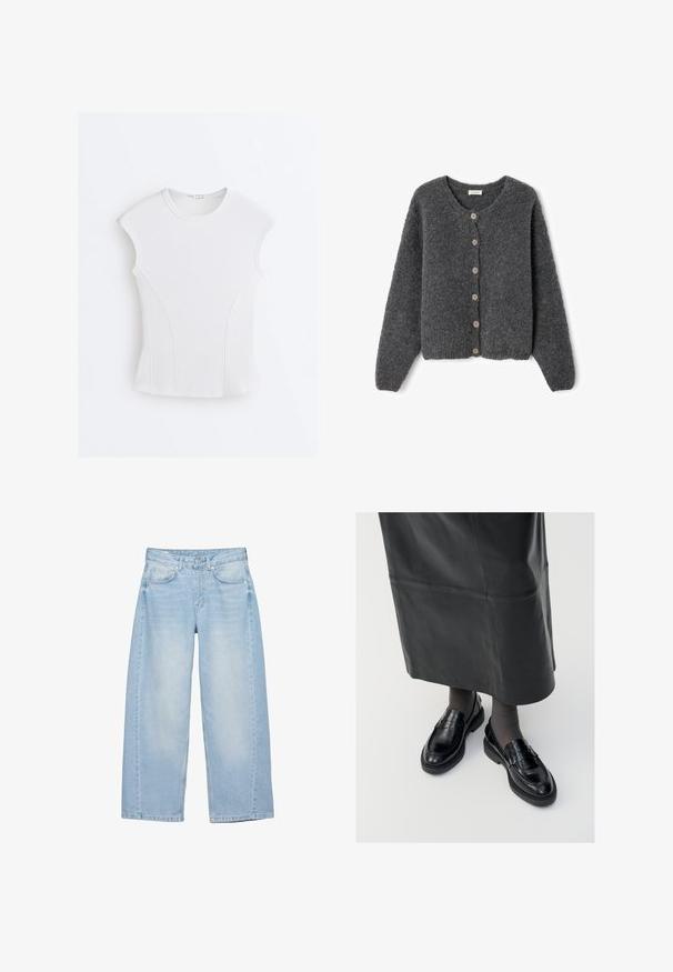 Graue Wollstrickjacke mit rundem Halsausschnitt, langen Ärmeln und sechs hellbraunen Knöpfen vorne. Strukturierter, weicher Strickstoff.; Weißes, geripptes ärmelloses Oberteil mit rundem Ausschnitt und geschwungenen Nahtdetails auf einem einfarbigen weißen Hintergrund.; Hellblaue Jeans mit weitem Bein, vorn mit Knöpfen und Reißverschluss, fünf Taschen und dezenten Used-Effekten an den Oberschenkeln.; Schwarze Lederloafers mit glatter Oberfläche, verziert mit einem dekorativen Riemen, runder Zehenpartie und texturierten Sohlen. Getragen mit einem langen schwarzen Lederrock.
