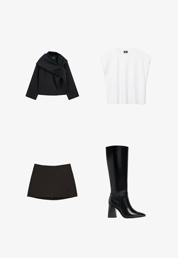Veste noire à manches longues avec un large revers drapé sur le devant, fabriquée dans un tissu épais avec une coupe structurée et carrée.; Haut court blanc sans manches à encolure ronde avec épaules larges et étiquette noire "B6" à l'intérieur du col.; Mini-jupe noire en tissu lisse, avec une coupe droite, des fentes latérales et un ourlet net. Simple et polyvalente.; Bottes noires montantes en cuir lisse, avec un bout pointu et un talon carré avec des rayures verticales. Design minimaliste.