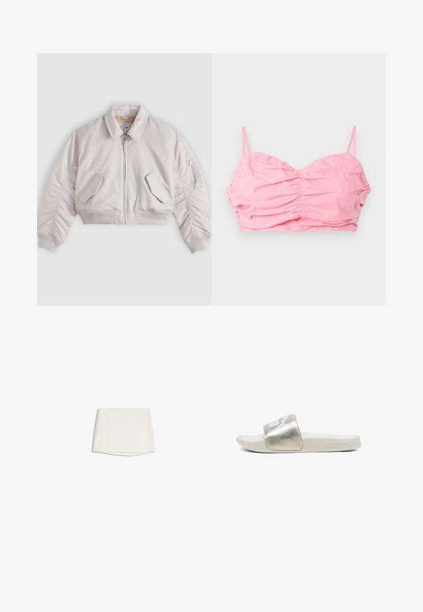 Veste bomber courte beige clair avec fermeture éclair frontale, poches à rabat boutonnées, poche zippée sur la manche, et poignets et ourlet côtelés.; Top court rose froncé avec des fines bretelles, mettant en avant une encolure en cœur et une texture de tissu lisse. Sans embellissements ni motifs.; Mini-jupe en dentelle blanche avec motif floral subtil et ourlet en forme de festons, présentée sur un fond blanc.; Sandale blanche à enfiler avec une lanière dorée métallique présentant un logo Puma blanc sur un fond blanc uni.
