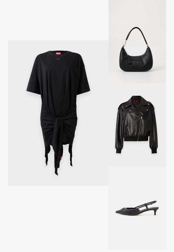 Chaqueta negra de cuero corta con cierre de cremallera asimétrico, grandes solapas y puños y dobladillo acanalados. Presenta un acabado texturizado y un bolsillo lateral.; Vestido de camiseta de algodón negro con mangas cortas, que presenta un detalle de nudo en la cintura y una etiqueta de logo. Textura suave y corte holgado.; Zapatos slingback negros con punta afilada, hechos de material suave, con un pequeño tacón y un acento decorativo plateado en el empeine.; Bolso de hombro sintético negro con forma curvada, que presenta una cremallera plateada y un logo en relieve de "tommy jeans" en la parte frontal.