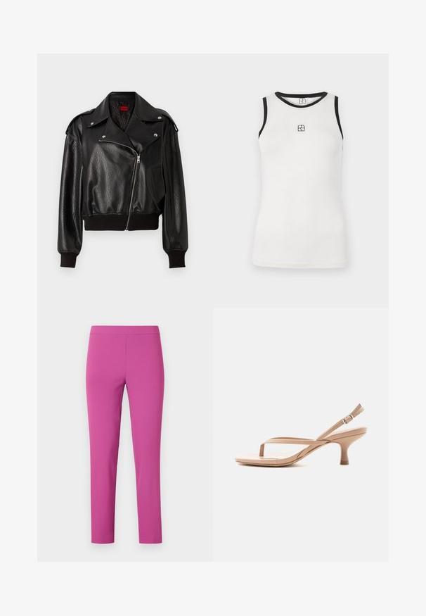 Sort læder cropped jakke med asymmetrisk lynlåslukning, brede klapper og ribbede manchetter og kant. Har en struktureret overflade og sidelomme.; Hvid ærmeløs tanktop med sort kant rundt om halsudskæringen og armhullerne. Har et lille sort logo foran. Blødt bomuldsstof.; Fittede, højtaljede bukser i livlig pink, lavet af glat, strækbart stof. Ankel-længde snit uden synlige lommer eller lukninger.; Beige sandal med åben tå, lav kittenhæl, tynde stropper og justerbar ankelrem på ens hvid baggrund.
