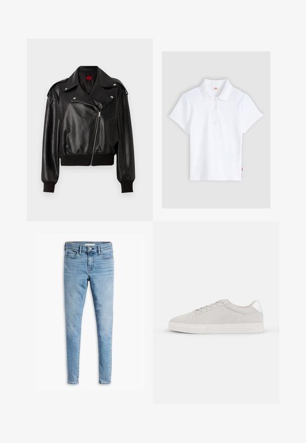 Sort læder cropped jakke med asymmetrisk lynlåslukning, brede klapper og ribbede manchetter og kant. Har en struktureret overflade og sidelomme.; Hvid kortærmet ribbet poloshirt med krave og fire knapper, lagt fladt ud på en lysegrå baggrund.; Lyseblå super skinny jeans med frontknap og lynlås, bæltestropper og fem lommers design.; Lys grå ruskinds sneaker med rund tå, flad hvid sål og sølvfarvet hæl accent. Snørebåndsdesign med minimale syninger.