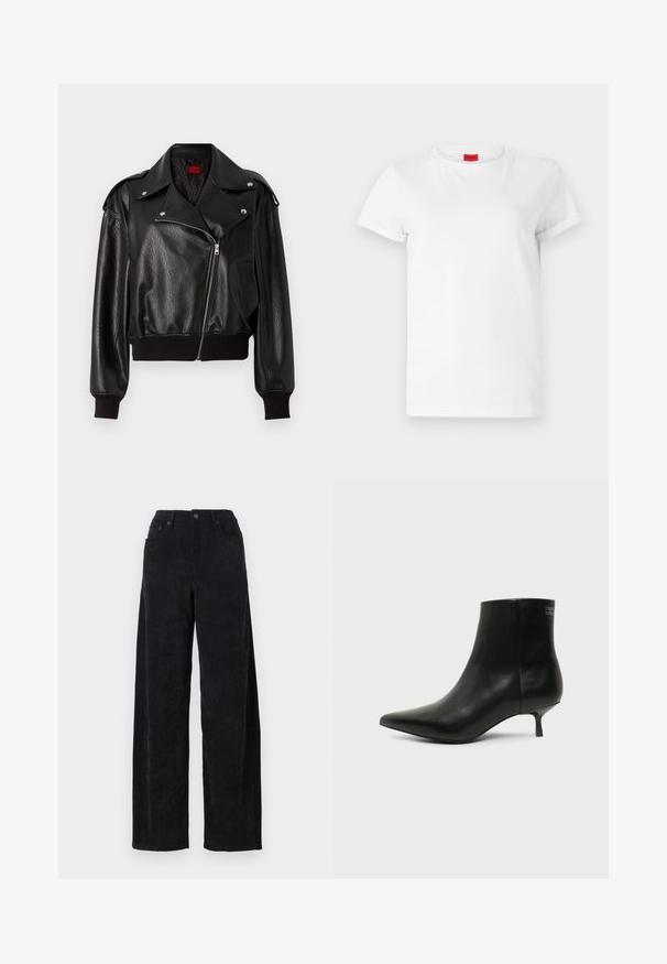 Veste en cuir noire courte avec fermeture éclair asymétrique, larges revers et poignets et ourlet côtelés. Présente une finition texturée et une poche latérale.; T-shirt blanc à manches courtes en coton léger. Présente un col rond et des manches retroussées. Étiquette logo rouge sur le col.; Pantalon large en corduroy noir avec taille haute, doté de deux poches avant et d'une texture à côtes verticales subtile.; Bottine en cuir noir avec bout pointu et petit talon kitten sur fond clair, vue côté extérieur.