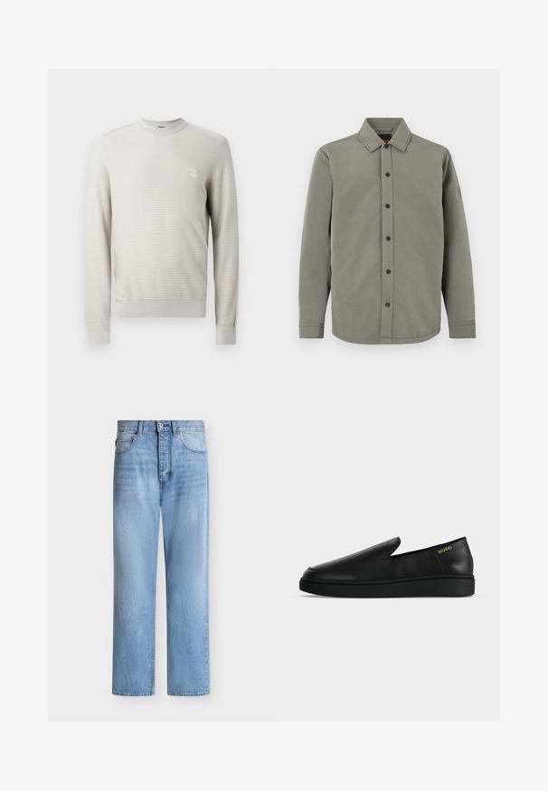 Chemise grise à boutons avec col rabattu, manches longues, boutons noirs et un petit patch logo sur la manche gauche. Texture lisse.; Pull beige clair à motif texturé, col rond et poignets côtelés. Présente un petit patch logo sur la poitrine.; Jean droit en denim bleu clair avec fermeture par bouton et zip, poches avant et arrière, et passants de ceinture à la taille.; Chaussure noire en cuir à enfiler avec semelle épaisse et marquage "HUGO" en or près du talon sur un fond uni gris clair.