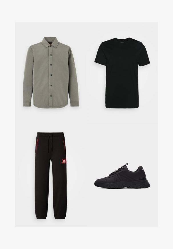 Grå skjorte med knapper, nedfoldet krave, lange ærmer, sorte knapper og et lille logo på venstre ærme. Glat tekstur.; Sort kortærmet T-shirt lavet af glat bomuldsstoff, med rund halsudskæring og et enkelt design uden mønstre eller accenter.; Sorte sweatpants med elastisk talje, røde accent lynlåse og et fremtrædende broderet logo på venstre lår. Glat tekstur, tætsiddende fit.; Sort lavt snøreskon med kraftig sål, teksturerede paneldetaljer, snørelukning foran og trækkestrop på hælen mod en ensfarvet baggrund.