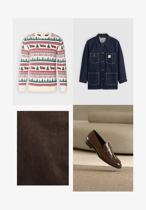 Dunkelblaue Jeansjacke mit Kragen, vorderem Knopfverschluss, zwei Brusttaschen und zwei unteren Taschen. Kontrastierende weiße Nähte setzen Akzente.; Strickpullover mit einer cremefarbenen Basis, roten und grünen Mustern von Bäumen, Lastwagen und Schneeflocken, mit gerippten Bündchen und Saum.; Braunes Cordura-Gewebe mit vertikalen Rippungen, weicher Textur und einer tiefen, reichen Farbe, geeignet für Polsterungen oder Kleidung.; Brauner Leder-Slipper mit strukturierter Musterung, der über einem beigen Teppich schwebt, vor einem beigen Sofa im Hintergrund.