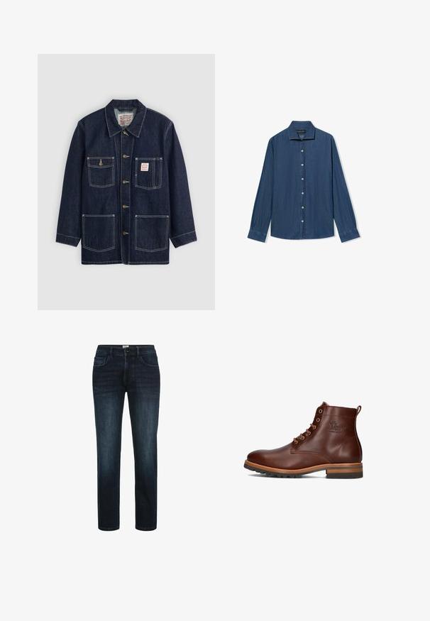 Dunkelblaue Jeansjacke mit Kragen, vorderem Knopfverschluss, zwei Brusttaschen und zwei unteren Taschen. Kontrastierende weiße Nähte setzen Akzente.; Langärmliges, knöpfbares Denim-Hemd mit spitzem Kragen und weißen Knöpfen, auf einem weißen Hintergrund flach ausgelegt.; Dunkelblaue Denim-Jeans mit geradem Bein, ausgestattet mit fünf Taschen, einem Knopfverschluss und dezentem Verblassen an den Oberschenkeln.; Braune Leder-Ankle-Boots mit runder Zehenpartie, Schnürdesign, kontrastierendem Absatz und Laufsohle sowie geprägtem Logo an der Seite.