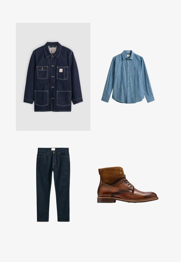 Mørkeblå denimjakke med krave, frontknaplukning, to brystlommer og to nederste lommer. Kontrastfarvet hvid syning som fremhæver designet.; Lyseblå, langærmet skjorte med knapper, krave og brystlomme, lavet af tekstureret stof, lagt fladt på en hvid baggrund.; Mørkeblå denim jeans, lige pasform, med fem lommer, knaplukning og kontraststikninger. Glat tekstur med et klassisk design.; Kazar ALID - Snørestøvletter - brown