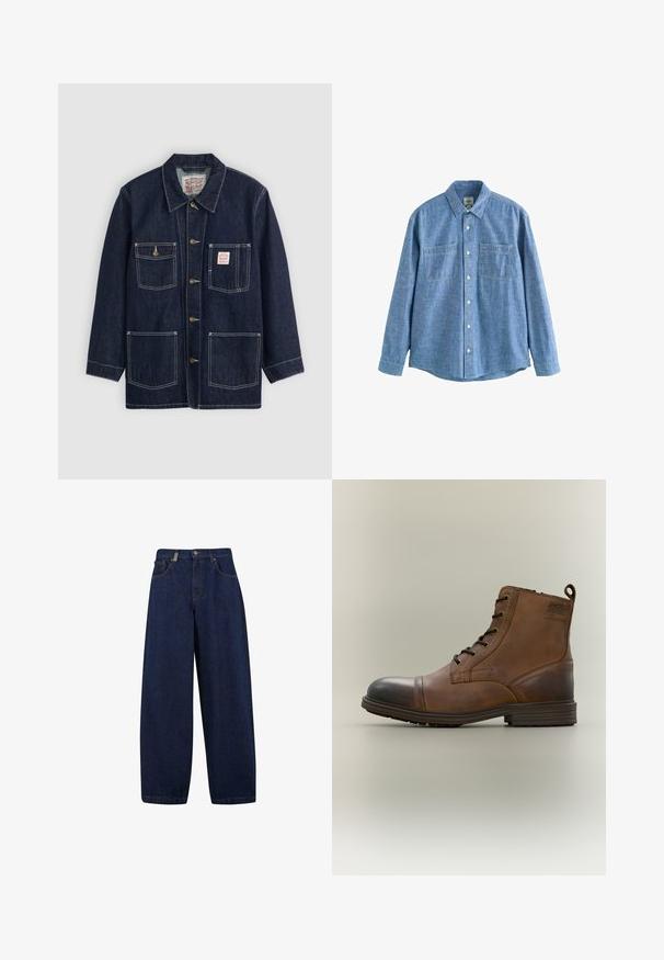 Dunkelblaue Jeansjacke mit Kragen, vorderem Knopfverschluss, zwei Brusttaschen und zwei unteren Taschen. Kontrastierende weiße Nähte setzen Akzente.; Langärmliges blaues Chambray-Hemd mit Knopfleiste und zwei Brusttaschen, flach auf weißem Hintergrund liegend.; Lässige, dunkelblaue Denim-Jeans mit hoher Taille, Fronttaschen und geradem Bein. Enthält silberfarbene Hardware und minimalistische Nähte.; Brauner Leder-Schnürstiefel bis zum Knöchel mit schwarzer Zehenkappe, runder Sohle und Markenlabel an der Seite vor schlichtem Hintergrund.