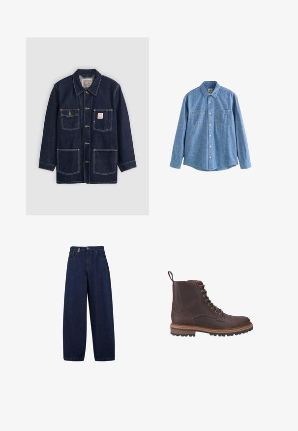 Dunkelblaue Jeansjacke mit Kragen, vorderem Knopfverschluss, zwei Brusttaschen und zwei unteren Taschen. Kontrastierende weiße Nähte setzen Akzente.; Langärmliges blaues Chambray-Hemd mit Knopfleiste und zwei Brusttaschen, flach auf weißem Hintergrund liegend.; Lässige, dunkelblaue Denim-Jeans mit hoher Taille, Fronttaschen und geradem Bein. Enthält silberfarbene Hardware und minimalistische Nähte.; Braune Leder-Stiefeletten mit Schnürung, strukturierter Oberfläche, kontrastierenden beigen Sohlen und Metallösen. Verfügen über eine Lasche zum einfachen An- und Ausziehen.