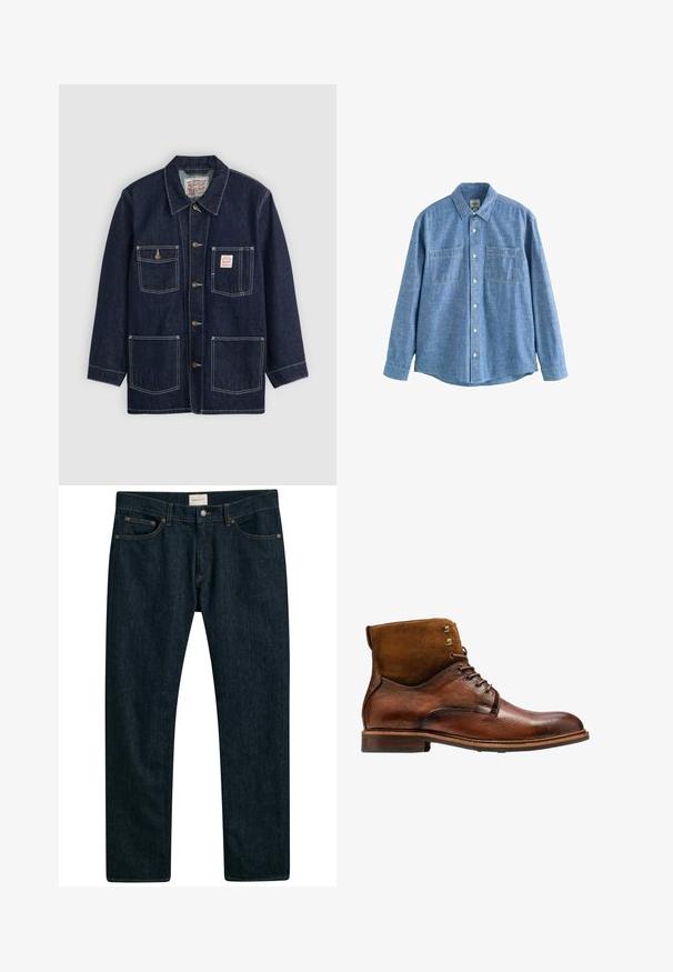 Donkerblauwe denimjas met kraag, sluiting aan de voorkant met knopen, twee borstzakken en twee onderzakken. Contrasterende witte stiksels accentueren de jas.; Blauw chambray overhemd met lange mouwen, knoopsluiting aan de voorkant en twee borstzakken, plat gelegd op een witte achtergrond.; Donkerblauwe denim jeans met een recht model, vijf zakken en contrasterende stiksels op de naden. Gladde stofstructuur.; Kazar ALID - Veterboots - brown
