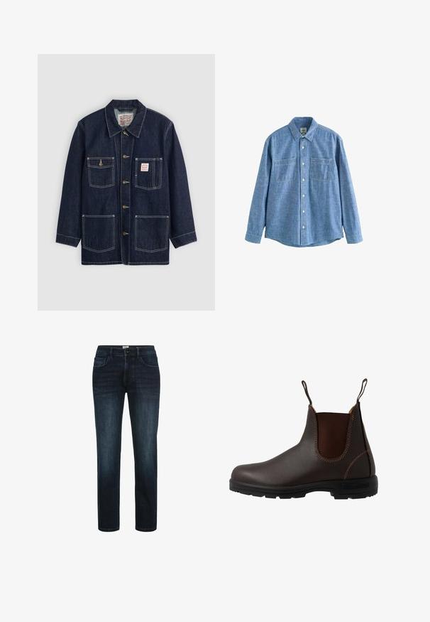 Mørkeblå denimjakke med krave, frontknaplukning, to brystlommer og to nederste lommer. Kontrastfarvet hvid syning som fremhæver designet.; Langærmet blå chambray-skjorte med knaplukning foran og to brystlommer, lagt fladt på en hvid baggrund.; Mørk vaskede denimjeans med lige ben, der har fem lommer, knaplukning og subtil fading langs lårene.; Brun læder Chelsea-støvle med elastisk sidepanel, brun syning, trækstropper og en holdbar gummisål med et tekstureret mønster.