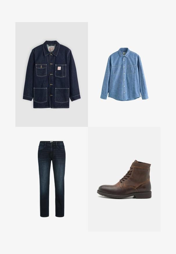 Dunkelblaue Jeansjacke mit Kragen, vorderem Knopfverschluss, zwei Brusttaschen und zwei unteren Taschen. Kontrastierende weiße Nähte setzen Akzente.; Langärmliges blaues Chambray-Hemd mit Knopfleiste und zwei Brusttaschen, flach auf weißem Hintergrund liegend.; Dunkelblaue Denim-Jeans mit geradem Bein, ausgestattet mit fünf Taschen, einem Knopfverschluss und dezentem Verblassen an den Oberschenkeln.; Jack & Jones JFWDELANEY BOOT - Schnürstiefelette - cognac