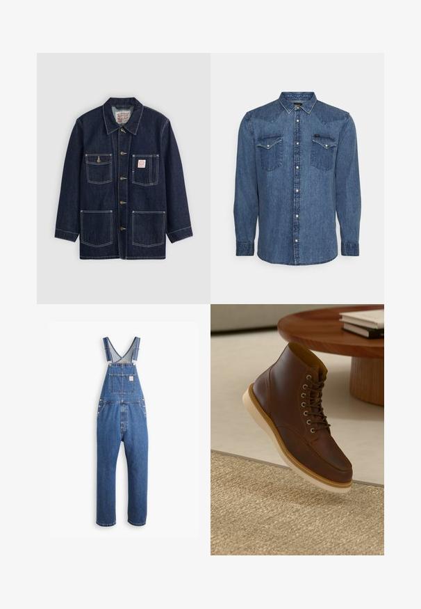 Mørkeblå denimjakke med krave, frontknaplukning, to brystlommer og to nederste lommer. Kontrastfarvet hvid syning som fremhæver designet.; Blå denimskjorte med lange ærmer, to brystlommer og trykknapper, vist på en enkel, lys baggrund.; Denim overalls i mellemblå, med justerbare stropper, en frontlomme og metalbeslag, i en afslappet pasform og lige ben-design.; Brune læderankelstøvle med beige sål på et struktureret beige tæppe ved siden af et rundt træbord med stakke af bøger.