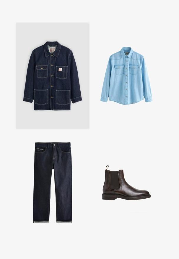 Donkerblauwe denimjas met kraag, sluiting aan de voorkant met knopen, twee borstzakken en twee onderzakken. Contrasterende witte stiksels accentueren de jas.; Lichtblauw denim hemd met lange mouwen, knoopsluiting aan de voorkant en twee borstzakken met kleppen en knopen.; Donkerblauwe spijkerbroek met een klassieke rechte pasvorm, voorzien van vijf zakken, een knoopsluiting en opgerolde boorden met een lichtblauwe voering.; Bruine leren Chelsea-boot met elastische zijpanelen, een lus om aan te trekken en een lage gestapelde hak. Gladde textuur en slanke silhouet.