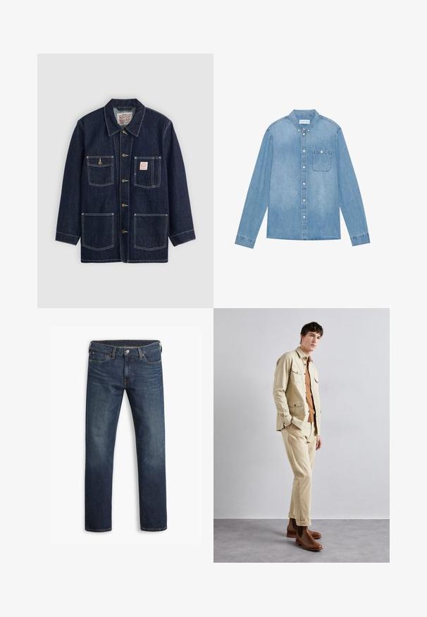 Mørkeblå denimjakke med krave, frontknaplukning, to brystlommer og to nederste lommer. Kontrastfarvet hvid syning som fremhæver designet.; Lys blå denim skjorte med knapper, lange ærmer, spids krave, en enkelt brystlomme og subtil falmning på stoffet.; Herre mørkeblå jeans med lige ben, fem lommer og knaplukning, vist fladt mod en hvid baggrund.; Beige bomuldsjakke med to brystlommer over en brun skjorte og matchende beige bukser. Brune læder ankelstøvler fuldender outfittet.