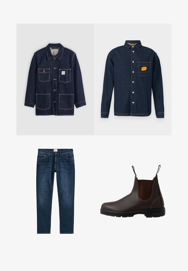 Dunkelblaue Jeansjacke mit Kragen, vorderem Knopfverschluss, zwei Brusttaschen und zwei unteren Taschen. Kontrastierende weiße Nähte setzen Akzente.; Dunkelblaue Denim-Hemd mit Button-Down-Kragen, orangefarbener Etikett auf der Brusttasche und weißen Knöpfen. Weiche Textur mit Kontrastnähte.; Dunkelblaue Denim-Jeans mit geradem Bein, fünf Taschen, Gürtelschlaufen und dezentem Verblassen. Der Stoff hat eine glatte Textur.; Brauner Chelsea-Stiefel aus Leder mit elastischem Seiteneinsatz, brauner Naht, Zuglaschen und einer strapazierfähigen Gummisohle mit strukturiertem Muster.