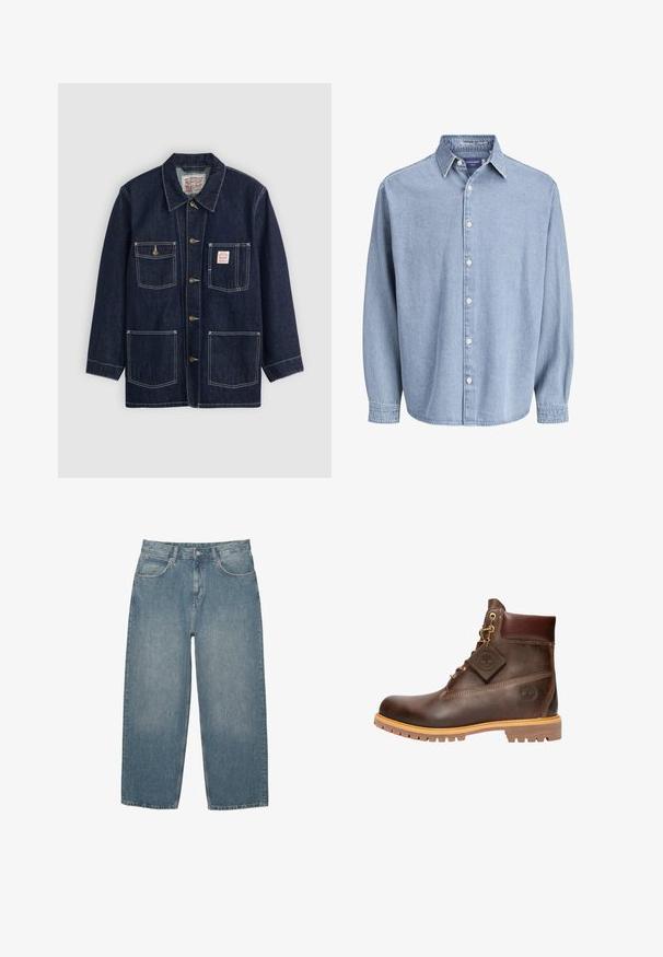 Mørkeblå denimjakke med krave, frontknaplukning, to brystlommer og to nederste lommer. Kontrastfarvet hvid syning som fremhæver designet.; Lysblå denim skjorte med lange ærmer og knapper, med krave og hvide knapper, præsenteret mod en helt hvid baggrund.; Blå højtaljede lige jeans med forlommer, bæltestropper, knaplukning og subtilt slid på en hvid baggrund.; Brun læder ankelstøvle med rund tå, solid sål, hardware i guldtone og en tekstureret overdel. Inkluderer et logo-tagfæstet.