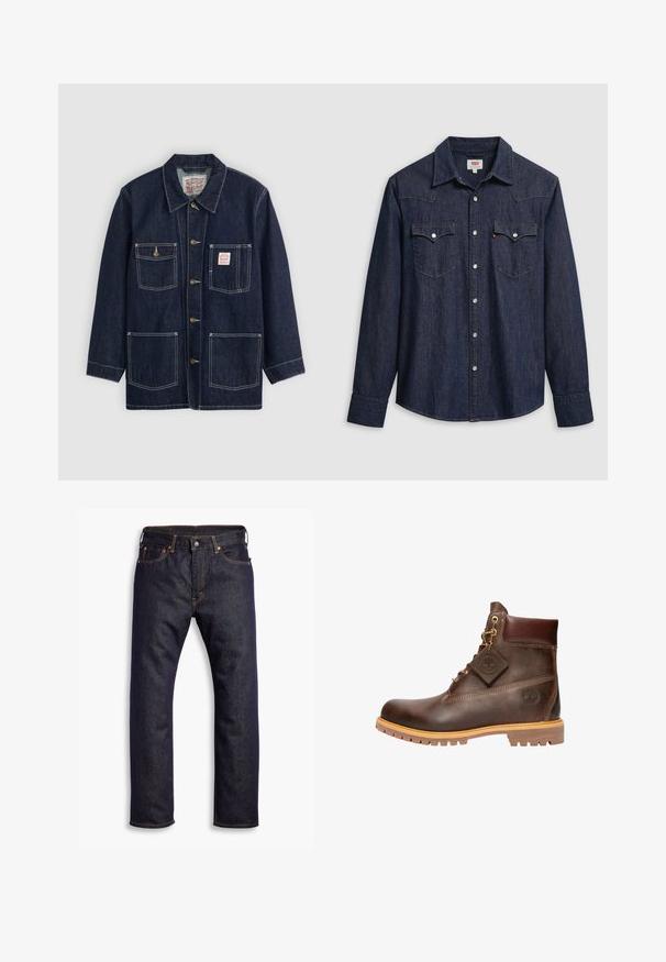 Dunkelblaue Jeansjacke mit Kragen, vorderem Knopfverschluss, zwei Brusttaschen und zwei unteren Taschen. Kontrastierende weiße Nähte setzen Akzente.; Dunkelblaues Denimhemd mit spitzem Kragen, Druckknöpfen und Brusttaschen. Mit Ziernähten und langen Ärmeln versehen.; Dunkelblaue gerade geschnittene Jeans aus Denim mit fünf Taschen und orangefarbenen Kontrastnähten, flach auf einem weißen Hintergrund ausgelegt.; Braune Leder-Ankelstiefel mit runder Zehenpartie, robuster Sohle, goldfarbener Hardware und strukturiertem Obermaterial. Enthält ein angehängtes Logo-Tag.