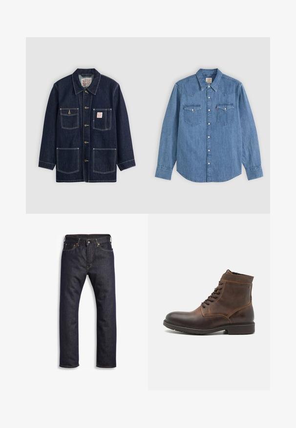 Mørkeblå denimjakke med krave, frontknaplukning, to brystlommer og to nederste lommer. Kontrastfarvet hvid syning som fremhæver designet.; Langærmet blå denimskjorte med spids krave, knappet front og to brystlommer med knapklapper på ensfarvet baggrund.; Mørkeblå denimjeans med lige snit, fem-lomme design, metalbeslag og kontrasterende orange syninger. Glat tekstur, ingen synlige mønstre.; Jack & Jones JFWDELANEY BOOT - Snørestøvletter - cognac