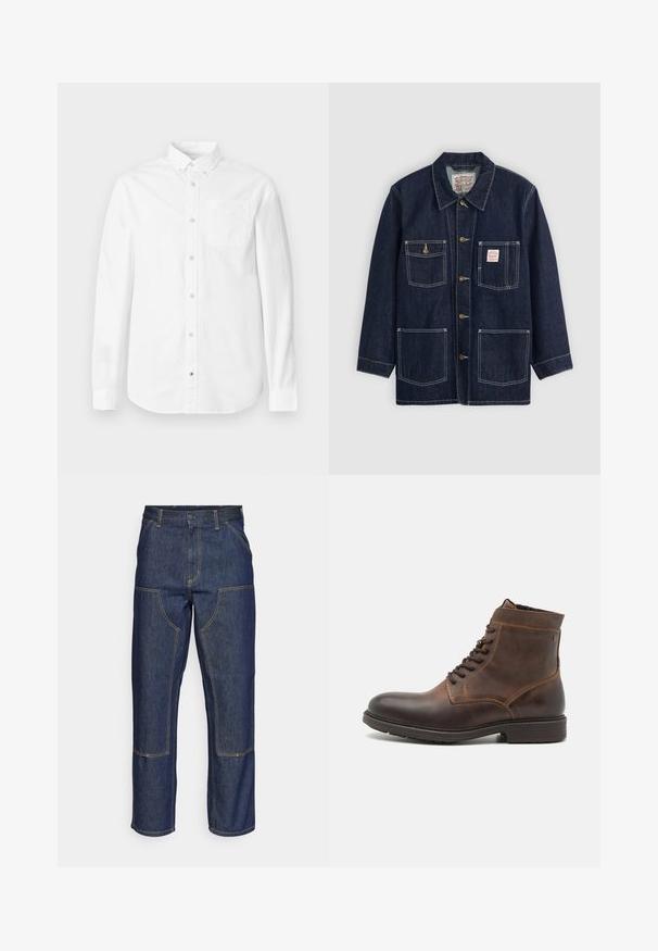 Donkerblauwe denimjas met kraag, sluiting aan de voorkant met knopen, twee borstzakken en twee onderzakken. Contrasterende witte stiksels accentueren de jas.; Witte blouse met lange mouwen van katoen. Voorzien van een button-down kraag, voorzak en subtiele textuur. Rechte zoom met knoopsluitingen.; Donkerblauwe denim jeans met een hoge taille, rechte pijpen, contrasterende stiksels en opgestikte zakken aan de voorkant.; Jack & Jones JFWDELANEY BOOT - Veterboots - cognac