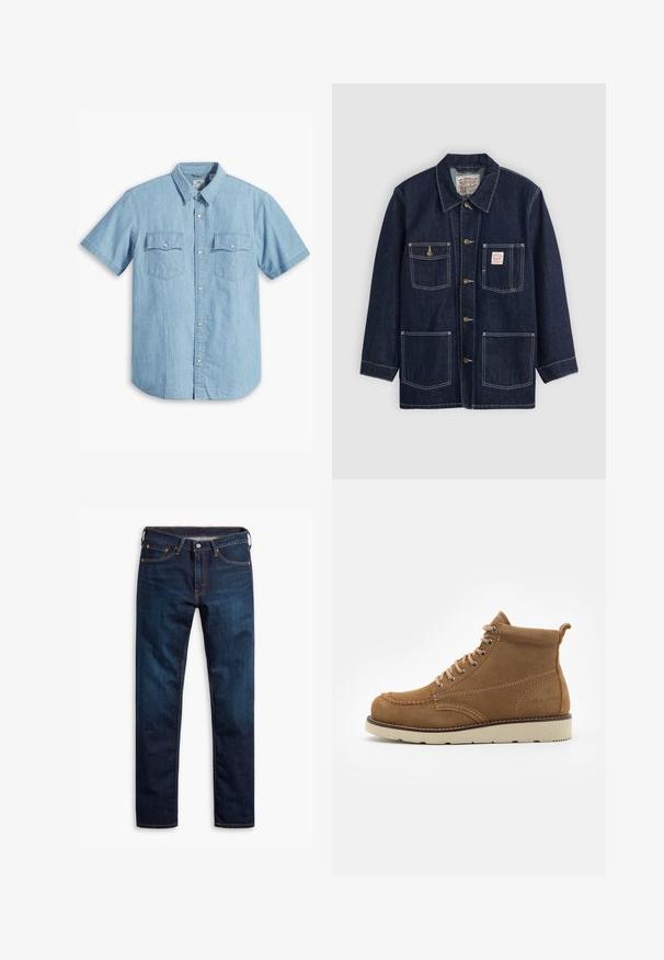Veste en denim bleu foncé avec col, fermeture à boutons sur le devant, deux poches poitrine et deux poches inférieures. Coutures blanches contrastantes.; Chemise à manches courtes bleu clair, en denim, avec deux poches poitrine à couture verticale et un col classique.; Jean en denim bleu foncé avec une coupe droite, des coutures orange, cinq poches et une taille boutonnée.; Bottines en daim marron avec un bout rond, un laçage à l'avant et une semelle en caoutchouc beige, présentant des détails de couture subtils et une boucle à l'arrière.