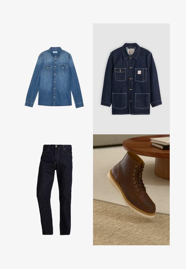 Mørkeblå denimjakke med krave, frontknaplukning, to brystlommer og to nederste lommer. Kontrastfarvet hvid syning som fremhæver designet.; Mørkeblå denimskjorte med lange ærmer, klassisk krave, knaplukning fortil, to brystlommer og kontrasterende stiklinger på sømmene.; Mørkeblå denim jeans med lige pasform, med gul syning, fem lommer og en klassisk knap- og lynlås lukning.; Brune læderankelstøvle med beige sål på et struktureret beige tæppe ved siden af et rundt træbord med stakke af bøger.
