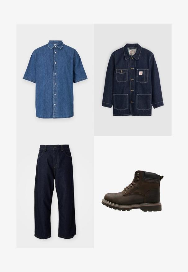 Dunkelblaue Jeansjacke mit Kragen, vorderem Knopfverschluss, zwei Brusttaschen und zwei unteren Taschen. Kontrastierende weiße Nähte setzen Akzente.; Kurzärmliges Denim-Shirt in Dunkelblau. Verfügt über eine durchgehende Knopfleiste, klassischen Kragen und gestichelte Details entlang der Kanten.; Dunkelblaue Jeanshose mit lockerer Passform, ausgestattet mit einem Knopfverschluss, Gürtelschlaufen und gelben Nähten an Taschen und Säumen.; Braune Lederstiefelette mit profilierter Sohle, rundem Zehenbereich, Metallösen und gepolstertem Kragen. Mit Branding an der Seite.