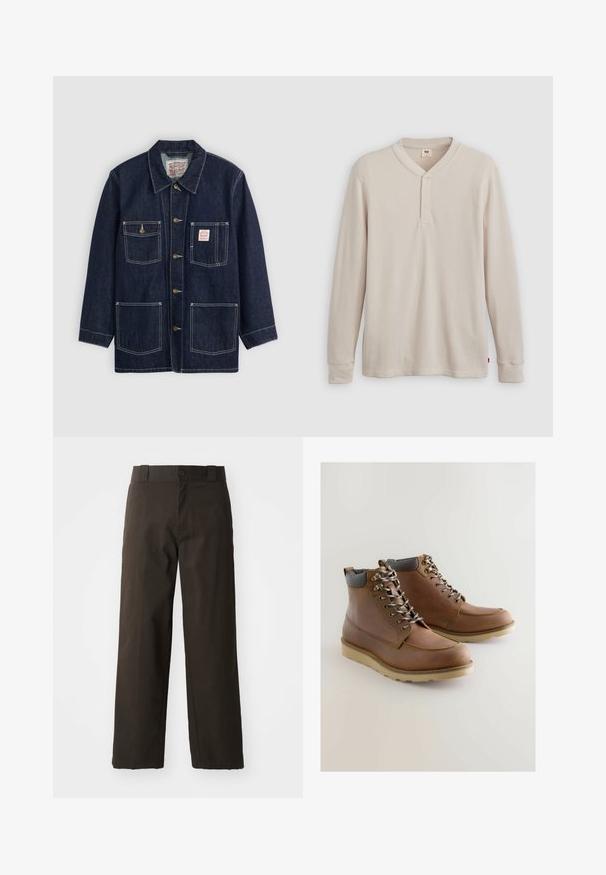 Donkerblauwe denimjas met kraag, sluiting aan de voorkant met knopen, twee borstzakken en twee onderzakken. Contrasterende witte stiksels accentueren de jas.; Lange mouwen henley-shirt in lichtbeige ribbelstof, met een V-hals, een drieknoopsluiting en manchetten. Rode logo-label aan de onderkant.; Zwarte katoenen broek met een recht model, voorzien van een knoopsluiting en een klassieke tailleband. Gladde textuur, zonder patronen of accenten.; Bruine leren enkellaarsjes met een grijze gevoerde kraag, vetersluiting, witte rubberen buitenzool en decoratieve stiksels langs het middenstuk.