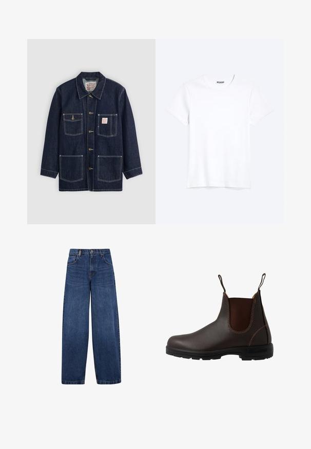 Donkerblauwe denimjas met kraag, sluiting aan de voorkant met knopen, twee borstzakken en twee onderzakken. Contrasterende witte stiksels accentueren de jas.; Effen witte T-shirt met korte mouwen en ronde hals met een zichtbaar WEEKDAY-merklabel bij de nek, weergegeven op een lichte achtergrond.; Wijdvallende blauwe denim jeans met een klassiek vijf-pocket ontwerp, knoopsluiting en een licht vervaagde textuur. Stevige stikdetails.; Bruine leren Chelsea-laars met elastisch zijpaneel, bruine stiksels, trekriempjes en een duurzame rubberen zool met een gestructureerd patroon.