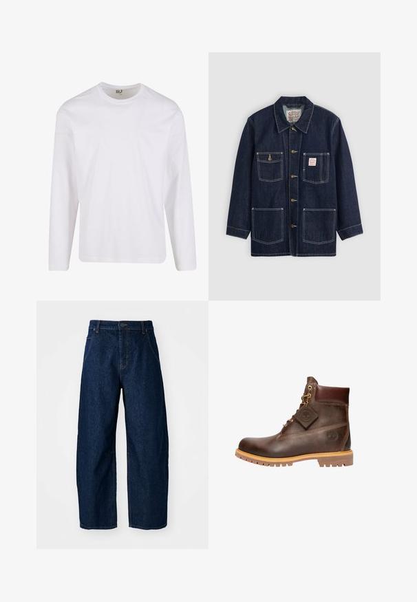 Mørkeblå denimjakke med krave, frontknaplukning, to brystlommer og to nederste lommer. Kontrastfarvet hvid syning som fremhæver designet.; Hvid langærmet t-shirt lavet af blød bomuld, med en rund halsudskæring og et enkelt, sømløst design uden grafiske mønstre eller pynt.; Bredde ben mørk denim jeans med høj talje, som har fem lommer, knaplukning foran og synlige syninger.; Brun læder ankelstøvle med rund tå, solid sål, hardware i guldtone og en tekstureret overdel. Inkluderer et logo-tagfæstet.
