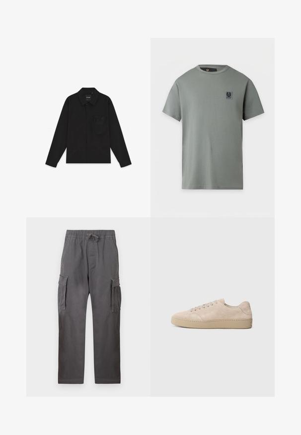 Chemise noire à manches longues avec boutons, col et une poche poitrine zippée sur le côté gauche, posée à plat sur un fond blanc.; T-shirt gris clair à manches courtes et col rond avec un petit écusson logo rectangulaire noir et gris sur la poitrine gauche.; Pantalon cargo gris en coton, avec une ceinture élastique à cordon de serrage, deux poches latérales et deux poches plaquées sur les cuisses.; Baskets en daim beige avec un bout rond, des lacets plats et une semelle en caoutchouc texturé. Design minimaliste avec des bords lisses et des coutures discrètes.
