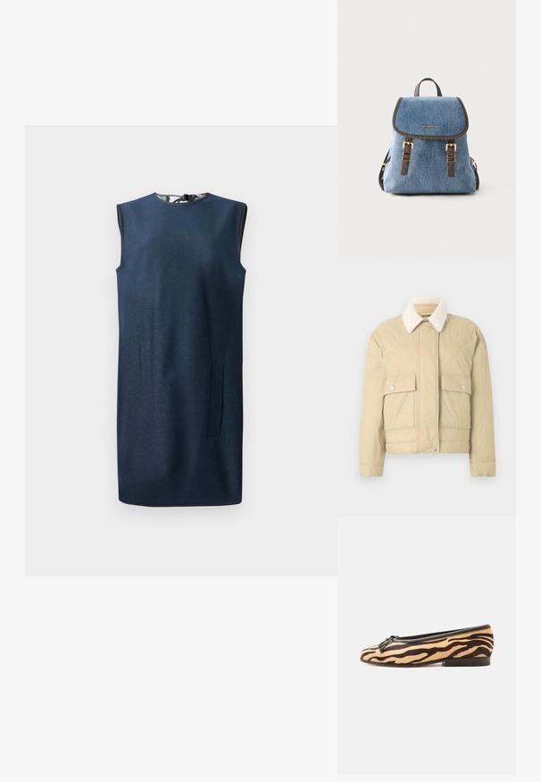 Beige polstret jakke med hvid imiteret pelskrave, forside med trykknapper og to store påsyede lommer. Glat tekstur, kort længde.; Marineblå ærmeløs kjole i et glat stof, med rund halsudskæring, let a-line form og skjulte sidelommer.; Flad balletsko med tigerstribet mønster, sort kant, lille sløjfe foran og lav stablet hæl på hvid baggrund.; Blå denim rygsæk med brun kant, guldspænder, øverste håndtag og frontklap med Michael Kors-logo, sat mod en hvid baggrund.