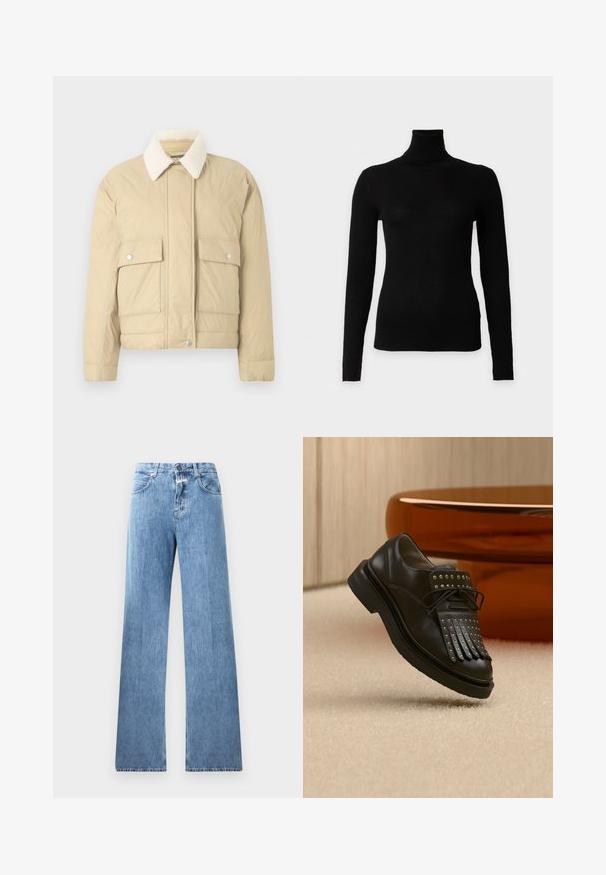 Veste matelassée beige avec un col en fausse fourrure blanche, fermeture à boutons-pression sur le devant, et deux grandes poches plaquées. Texture lisse, longueur courte.; Pull noir à côtes à manches longues avec col roulé et silhouette ajustée sur fond blanc uni.; Jeans en denim bleu clair avec une coupe large, cinq poches, passants de ceinture et fermeture à bouton. Le tissu a une texture lisse.; Chaussure en cuir noire à lacets avec franges décoratives et clous métalliques posée sur un tapis beige près d'un meuble marron.