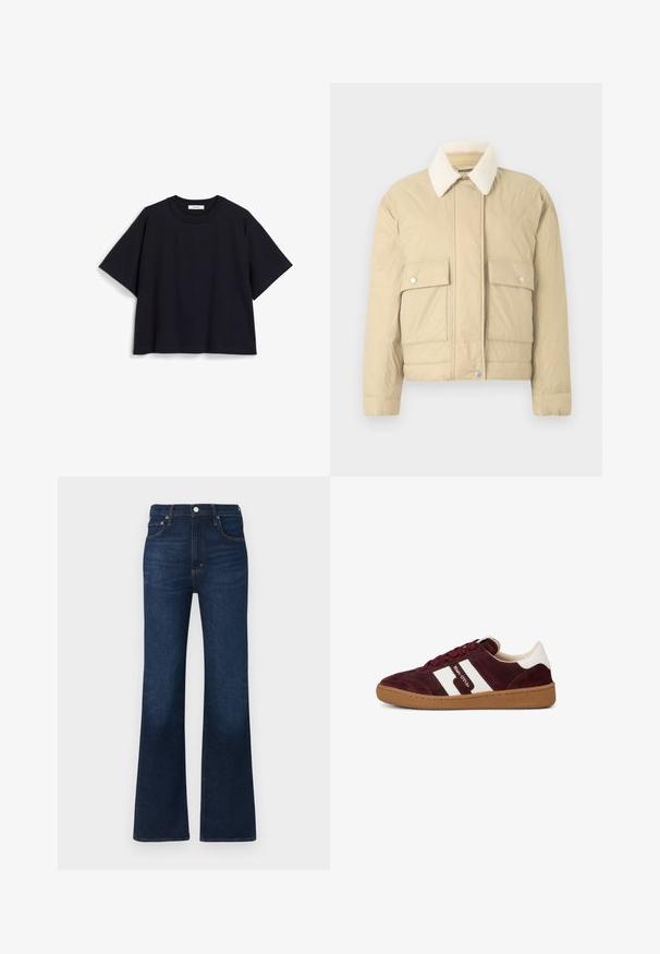 Beige gewatteerde jas met een witte nepbontkraag, drukknoopsluiting aan de voorkant en twee grote opgestikte zakken. Soepele textuur, korte lengte.; Navyblauwe t-shirt met korte mouwen, gemaakt van zachte katoen, met een losse pasvorm, ronde halslijn en een minimalistisch ontwerp. Geen zichtbare patronen of accenten.; Donkerblauwe jeans met wijde pijpen van denim, voorzien van een hoge taille, een ontwerp met vijf zakken en klassieke stikdetails. Gladde textuur.; Low-top bordeaux suède sneaker met witte strepen, beige rubberen zool en vetersluiting, zichtbaar merklogo aan de zijkant.