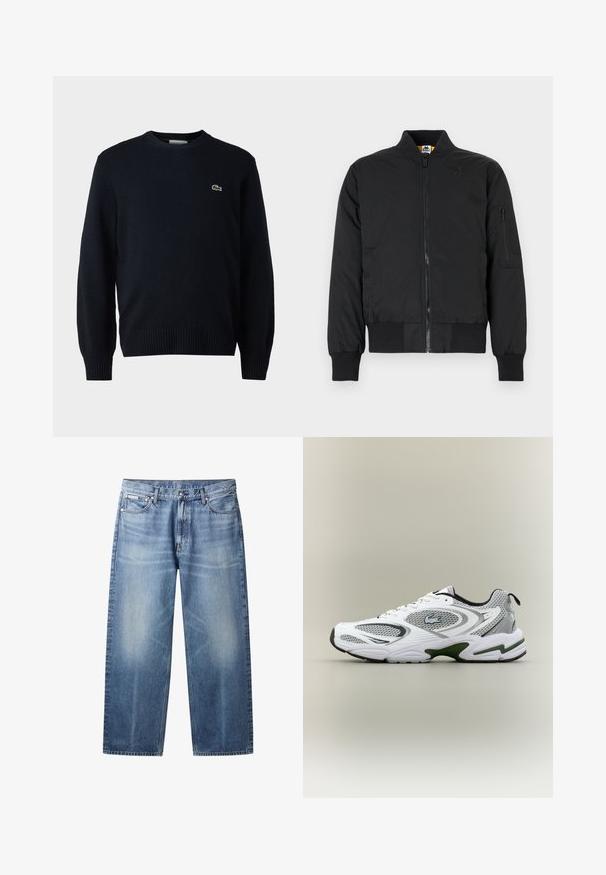 Sort bomberjakke med frontlynlås, ribbet krave og manchetter, to sidelommer og en lynlåslomme på venstre ærme.; Marine crew-neck sweater lavet af blødt materiale, med ribbede manchetter og kant. Lille grønt Lacoste-logo på brystet.; Lyseblå jeans med lige ben, falmede områder, fem lommer, knaplukning og Calvin Klein-mærke på højre forlommer.; Hvid og grå sporty løbesko med mesh-paneler, grønne detaljer, sorte elementer og et logo på siden, vist fra ydersiden.