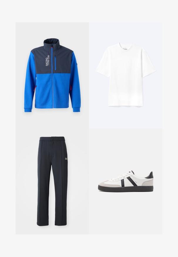 Blaue Jacke mit einem dunkelblauen oberen Panel, ausgestattet mit einer Reißverschlusstasche und dem Text "RACING RED BULL". Hat rote Akzente an den Reißverschlüssen und Ärmelbündchen.; Schlichtes weißes T-Shirt mit kurzen Ärmeln und Rundhalsausschnitt in entspannter Passform, auf hellem Hintergrund dargestellt.; Schwarze gerade geschnittene Hose mit elastischem Bund, Knopfverschluss, Nahtdetails und kleinem weißen Logo "the new originals" am linken Oberschenkel.; Weiße Sneaker mit schwarz- und grau-aczenten, ausgestattet mit einer strukturierten grauen Zehenkappe, schwarzer Gummi-Sohle und flachen weißen Schnürsenkeln. Sauberes Design, minimalistische Stil.