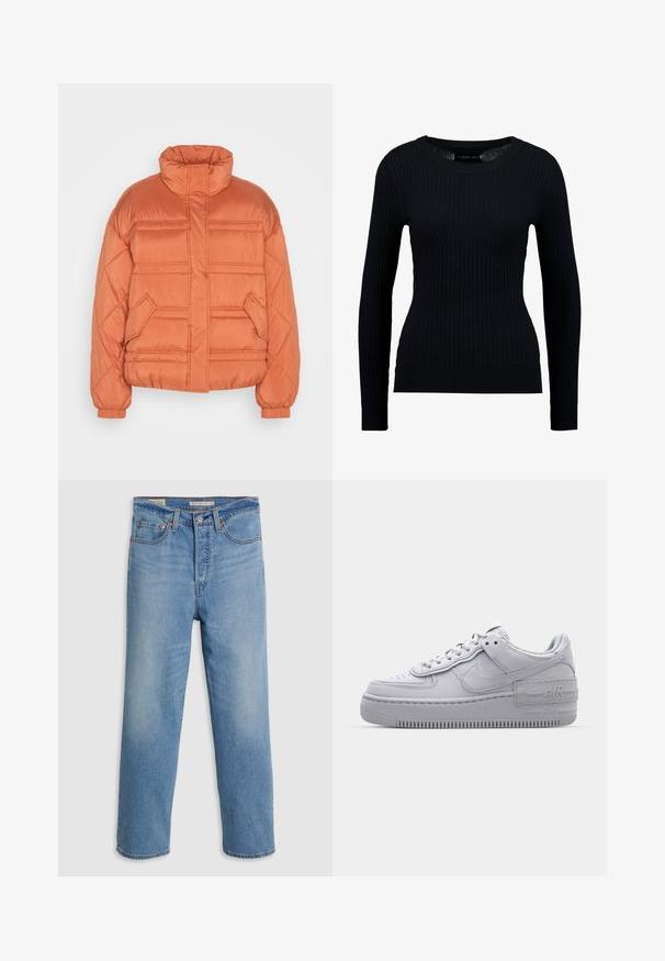 edc by Esprit CLOUD - Vinterjakker - terracotta; Sort ribbet langærmet sweater med rund halsudskæring og tætsiddende silhuet. Teksturen er glat med en subtil strækbarhed.; Lysblå lige ben denimbukser med forlommer, bæltestropper og en knaplukning på en ensfarvet baggrund.; Grå Nike Air Force 1 sneakers med perforeret tå, glat læderoverdel, tyk sål og præget 'AIR' detalje på hælen.