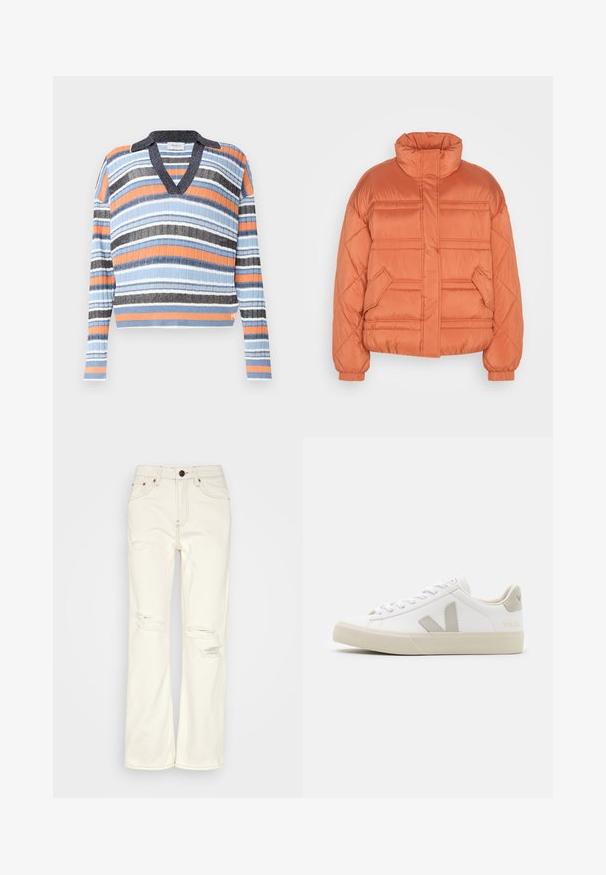 edc by Esprit CLOUD - Talvejope - terracotta; Triibuline käisteta kampsun, millel on V-kaelus ja krae. Värvideks on sinine, oranž, must ja valge. Tekstuuriga ribakangas. Lühendatud disain.; BDG Urban Outfitters STRAIGHT - Sirgete säärtega teksad - ecru; Valged nahast jooksujalatsid hallide V-logo aktsentidega, tekstureeritud kummist tald, valged paelad ning polsterdatud keeled ja krae.