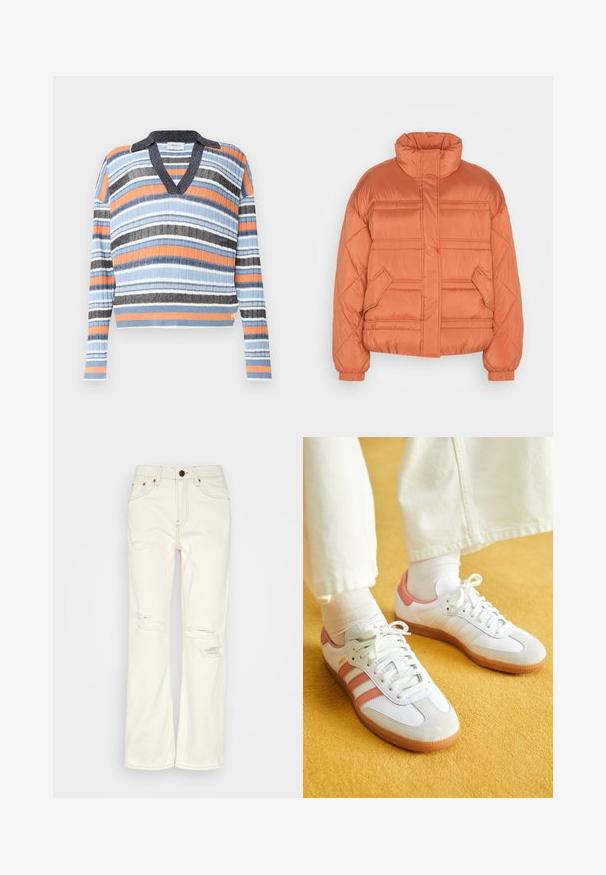 edc by Esprit CLOUD - Veste d'hiver - terracotta; Pull-over rayé avec un col en V. Les couleurs incluent le bleu, l'orange, le noir et le blanc. Tissu à côtes texturé. Design cropped.; BDG Urban Outfitters STRAIGHT - Jean droit - ecru; Baskets blanches avec des accents roses, en matériaux de daim et de cuir, à bout rond et semelle en caoutchouc, présentées avec des chaussettes claires sur un fond jaune.