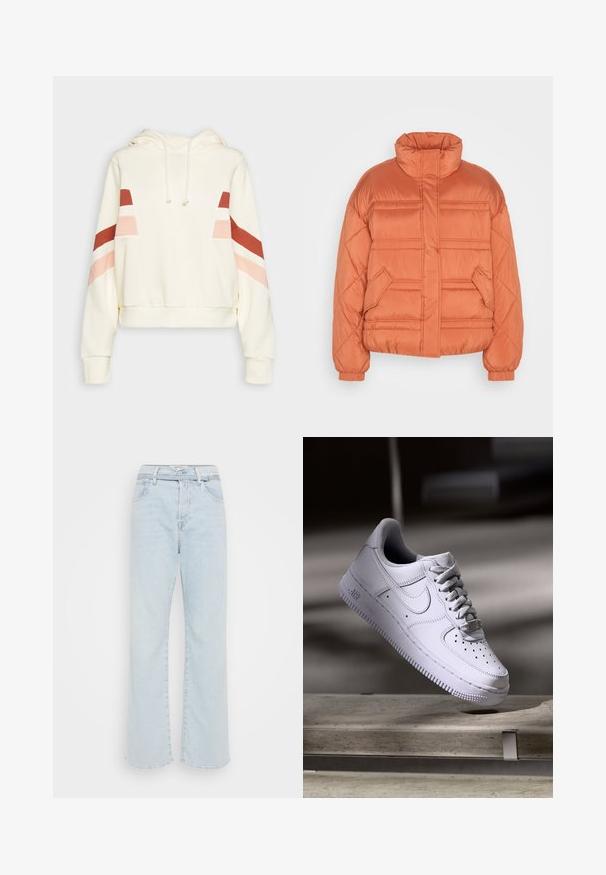 edc by Esprit CLOUD - Winterjacke - terracotta; Cremefarbener Hoodie mit Kordelzug und roten, pinken und weißen diagonalen Streifen an den oberen Ärmeln und der Brust.; Hellblaue Denim-Hosen mit weit geschnittenem Bein und hoher Taille, fünf Taschen und standardmäßigen Nähten. Mit einem Knopf- und Reißverschluss zum Schließen.; Weißer Nike Air Force 1 Sneaker schwebt über einer Betonoberfläche mit Schatten in einem minimalistischen Umfeld.