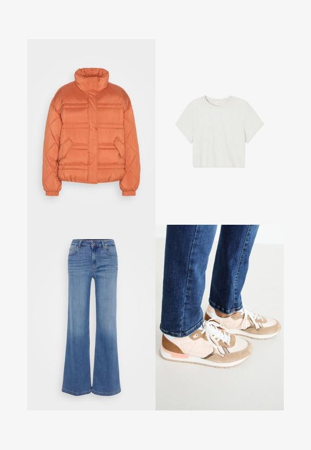 edc by Esprit CLOUD - Chaqueta de invierno - terracotta; Camiseta corta de manga corta, cuello redondo, color gris claro liso, extendida sobre un fondo blanco.; Vaqueros de pierna ancha en denim azul claro con un acabado deslavado, que incluyen un cierre de cremallera, cinco bolsillos y un sutil detalle de desgaste.; Zapatillas con una mezcla de piel en color rosa empolvado y ante beige, con cordones blancos, una entresuela blanca y una suela de goma texturizada. Jeans de mezclilla ligeramente recortados por encima del zapato.