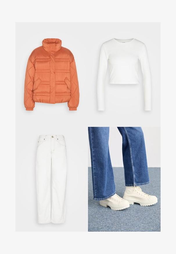 edc by Esprit CLOUD - Chaqueta de invierno - terracotta; GAP ULTRA CROP RIB TEE - Camiseta de manga larga - new off white; BDG Urban Outfitters LOGAN CINCH - Vaqueros rectos - white; Zapatillas deportivas blancas de caña alta con suelas gruesas y estriadas, y detalle de logo circular, combinadas con jeans de mezclilla de pierna ancha en azul claro.