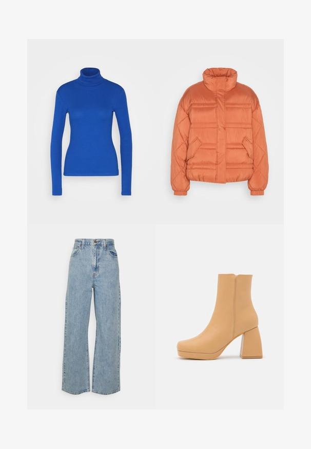 edc by Esprit CLOUD - Zimná bunda - terracotta; Modrý dlhý rukáv turtleneck top vyrobený z rebrového materiálu, s priliehavým strihom a hladkou textúrou. Žiadne ďalšie detaily nie sú prítomné.; Svetlomodré široké deninové džínsy s vysokým pásom, predným zapínaním na gombík, zipsom a piatimi vreckami na jednofarebnom pozadí.; DeeZee Členkové čižmy na platforme - dark beige