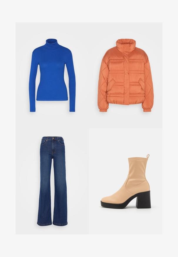 edc by Esprit CLOUD - Vinterjakker - terracotta; Blå langærmet turtleneck top lavet af ribbet materiale, med en tætsiddende silhuet og glat tekstur. Ingen yderligere detaljer til stede.; Breddebenede jeans lavet af mørkeblåt denim. Har en høj talje, fem-pockets design og diskret syninger på sømmene.; Beige ankelstøvle lavet af glat materiale med en rund tå, elastisk side og en kraftig sort blokhæl. Har en trækflig bagpå.