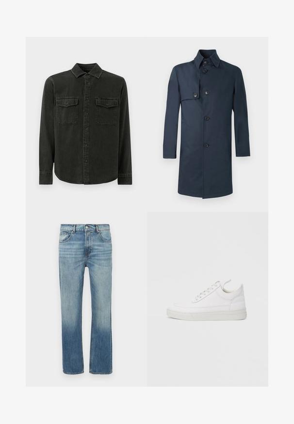 Manteau bleu marine en tissu lisse avec col montant, six boutons, poches latérales et coupe droite de longueur moyenne.; Chemise boutonnée vert foncé en tissu doux, avec un col, deux poches poitrine, des manches longues et un ourlet droit.; Jean en denim bleu clair avec une coupe droite, des détails délavés, cinq poches et une fermeture avant par bouton. Coutures visibles le long des coutures.; Baskets en cuir blanc avec un embout arrondi, une semelle plate et un laçage à l'avant. Présentent des détails de couture et un col rembourré pour plus de confort.