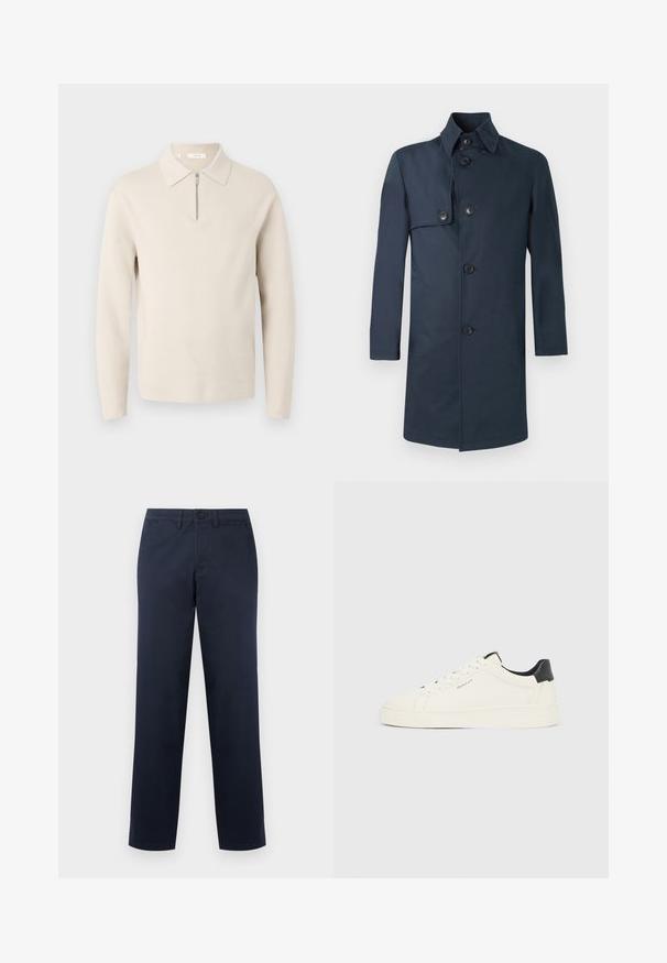 Marineblå frakke i glat stof med høj krave, seks knapper, sidelommer og en lige, mellemlang pasform.; Beige langærmet sweater med krave og en kort lynlås foran, vist på hvid baggrund.; Mænds marineblå bukser med lige ben, bæltestropper, knap foran og sidelommer, vist på en ensartet lys baggrund.; Hvid lavtop-sneaker med sort hælflig, hvide snørebånd og "GANT" logo på siden, vist mod en ensfarvet lys baggrund.