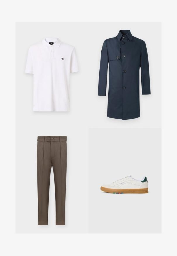 Abrigo azul marino de tela suave que presenta un cuello alto, seis botones, bolsillos laterales y un corte recto de longitud media.; Camisa polo blanca de algodón, con un cuello clásico, una tapeta de dos botones y un pequeño logo de cebra multicolor en el pecho.; Pantalones marrones para hombre con corte estrecho, pliegues, trabillas para cinturón, cierre de botones y bolsillos laterales sobre un fondo blanco.; Zapatilla blanca de cuero con diseño perforado, suela de goma, acento verde en el talón y detalle de rayas coloridas en el lateral.